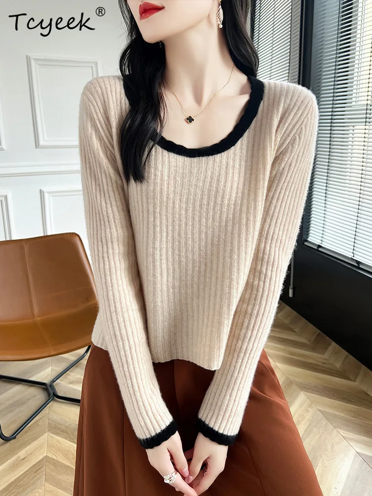 Tcyeek, eleganckie swetry damskie ze 100% czystej wełny, z okrągłym dekoltem, modne krótkie dzianinowe pulowery, nowość jesień-zima 2024 T48256QM