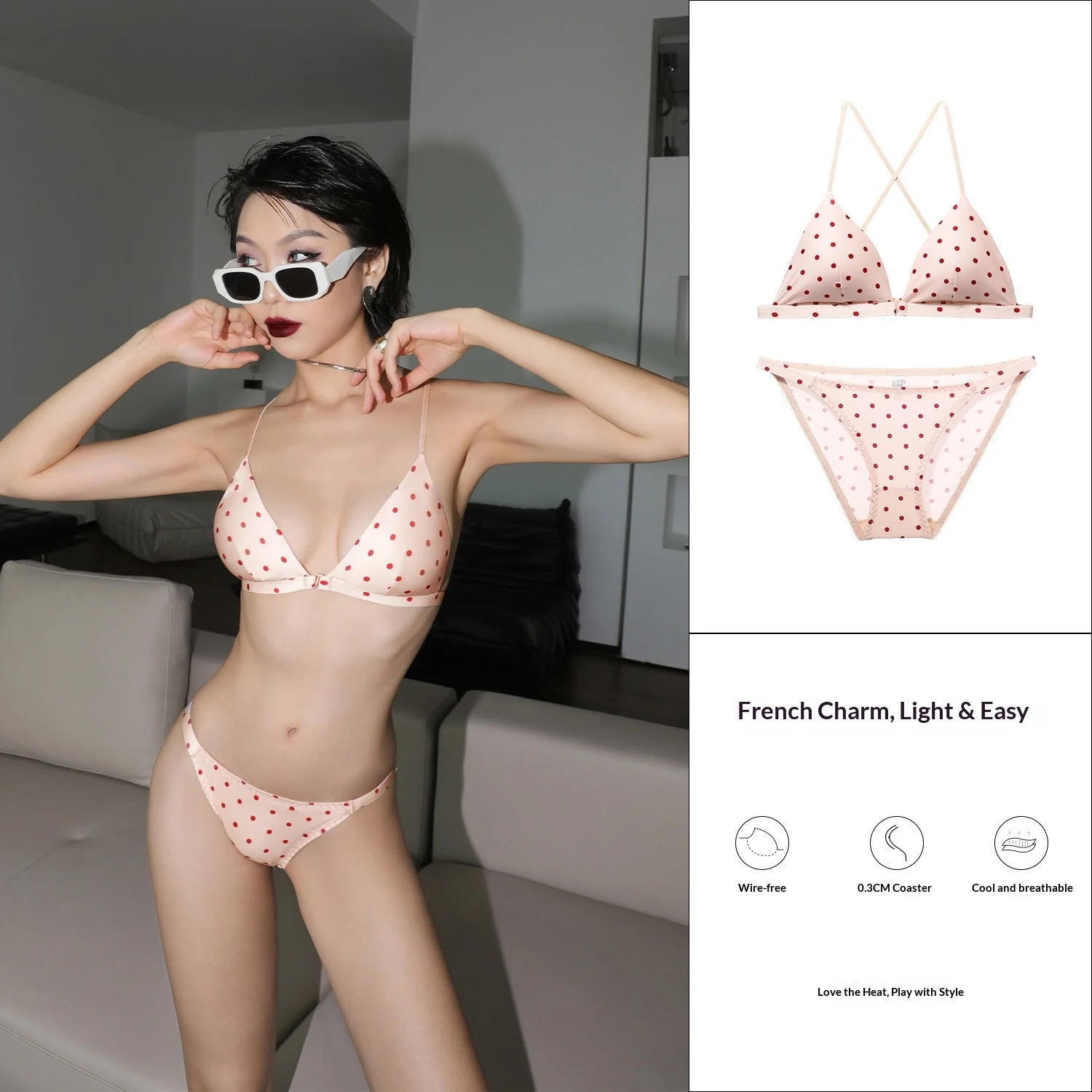Wave Point Front Buckle Thin Strap Bra Underwear Set, Women's Triangle Cup Gathering Two-piece Set, Close Fitting Underwear