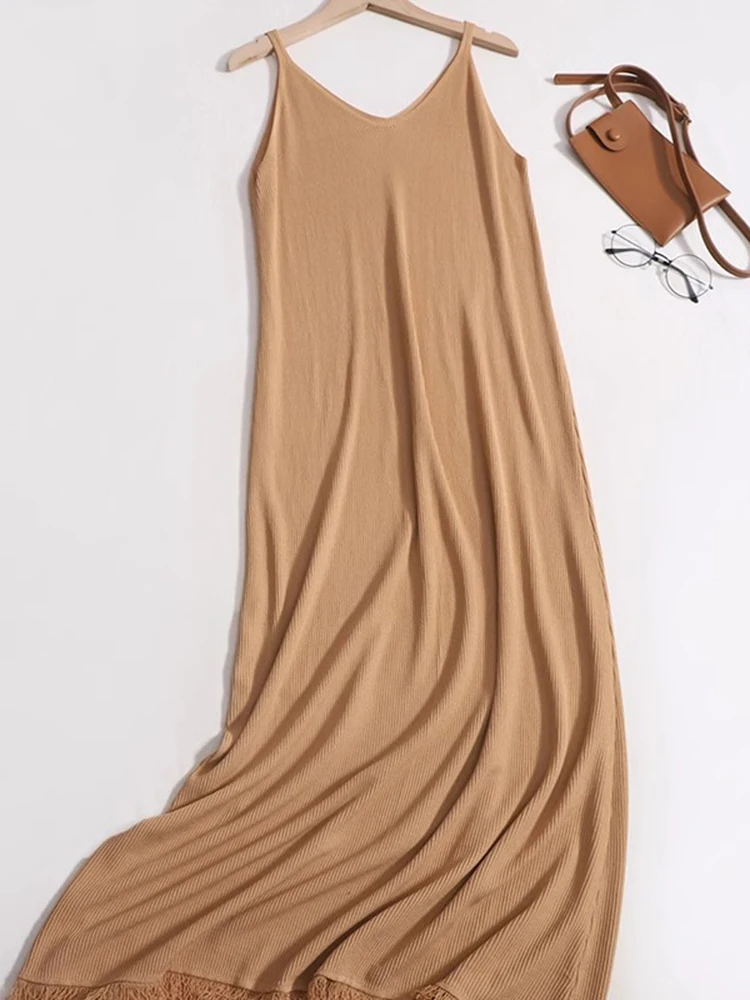 Robe tricotée coréenne pour Femme, Sexy, col en V, sans manches, couleur unie, pompon, ample, bretelles Spaghetti, Robe longue décontractée, été, 2025