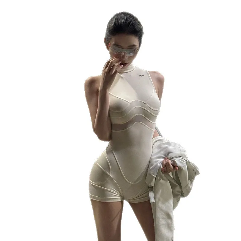 Women's Sexy See-tough Tight One-piece Suit Svel High Collar f-length Polyester Fabric High-waisted Summer 2025