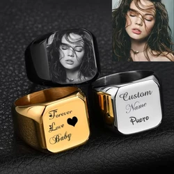 Customized Stainless Steel Photo Ring for Men Personalized Engraved Name Logo Pictures Rings for Family and Wedding Gifts
