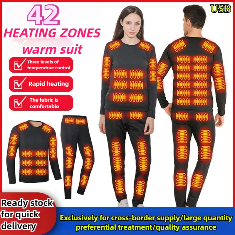42 Areas Heated Suit Men Women Winter Ski Thermal Heating Underwear Jacket + Trousers Electric Self Heating Fleece Man Clothing