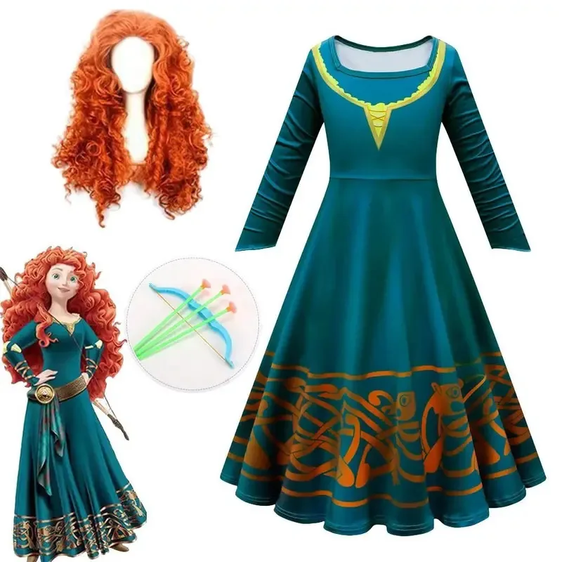 

lHalloween Cosplayl Brave Merida Kids Girls Premium Quality Princess Costume Set with Wig Halloween Christmas Carnival Cosplay D