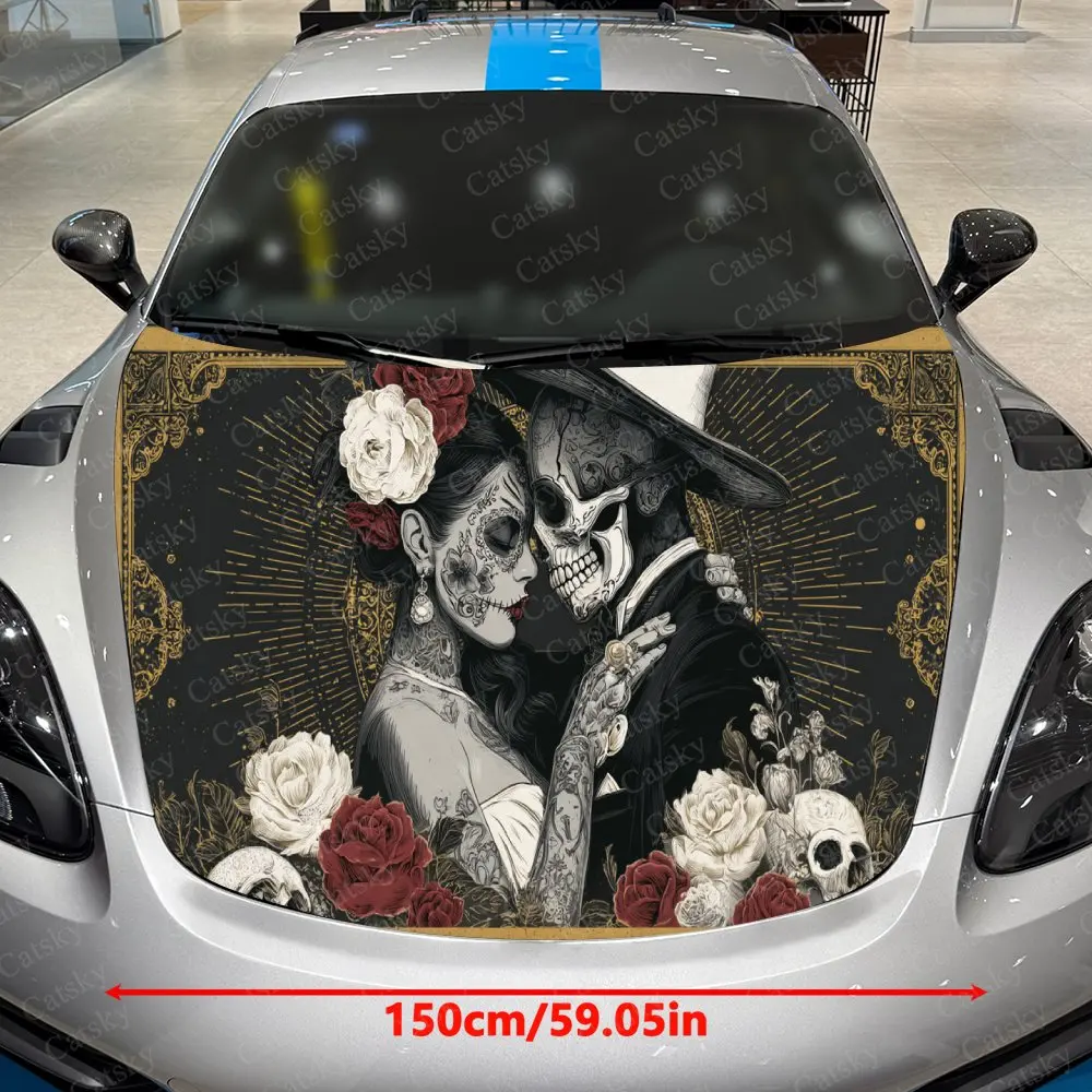 Gilded Skull Lover Pair Car Vinyl Wrap, PVC Waterproof Car Hood Sticker, Self-Adhesive Scratch-Resistant Stickers