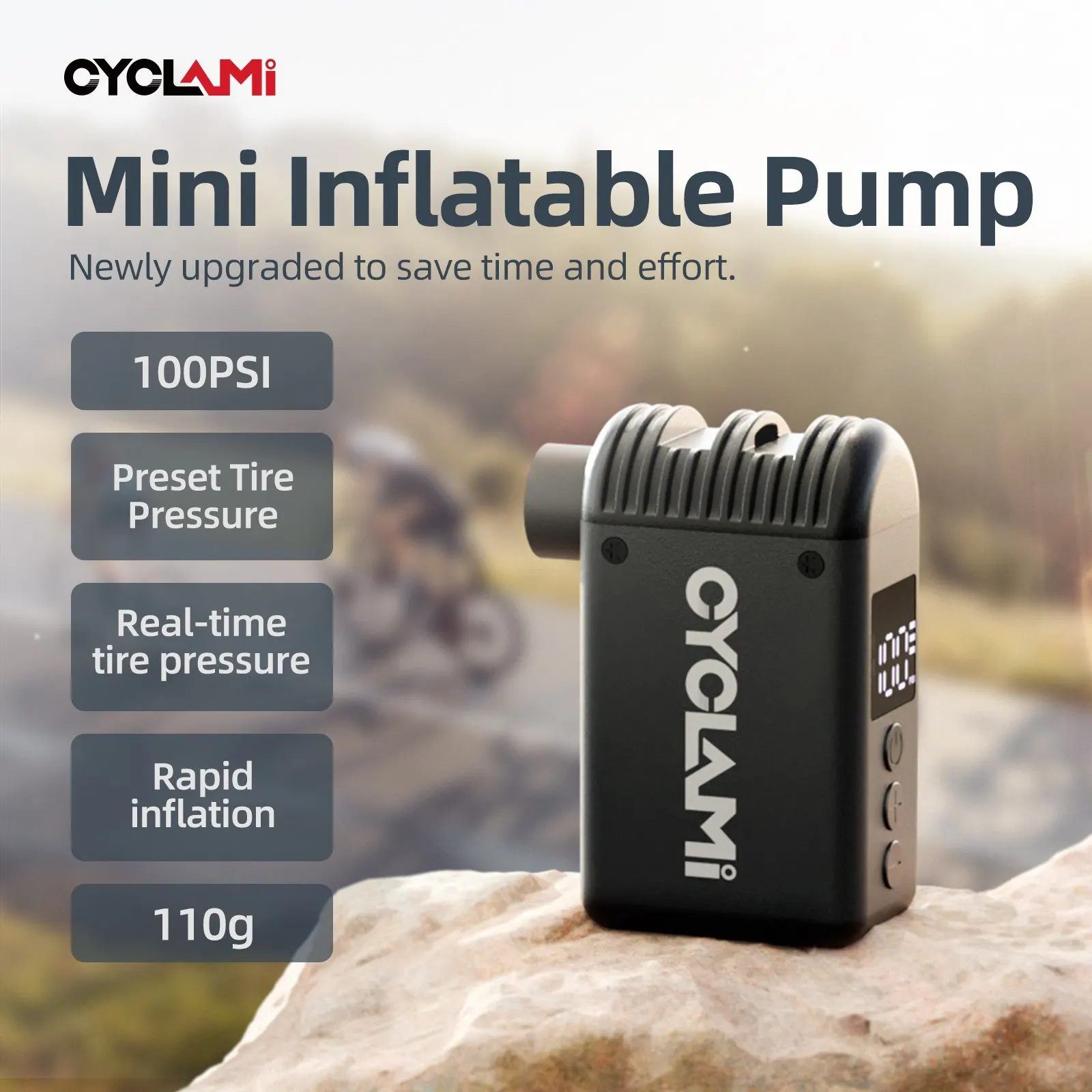 

CYCLAMI Mini Portable Bicycle Pump Rechargeable Air Inflator 100 PSI Type-C Bike Accessories for Schrader Presta Tires A2 MINI