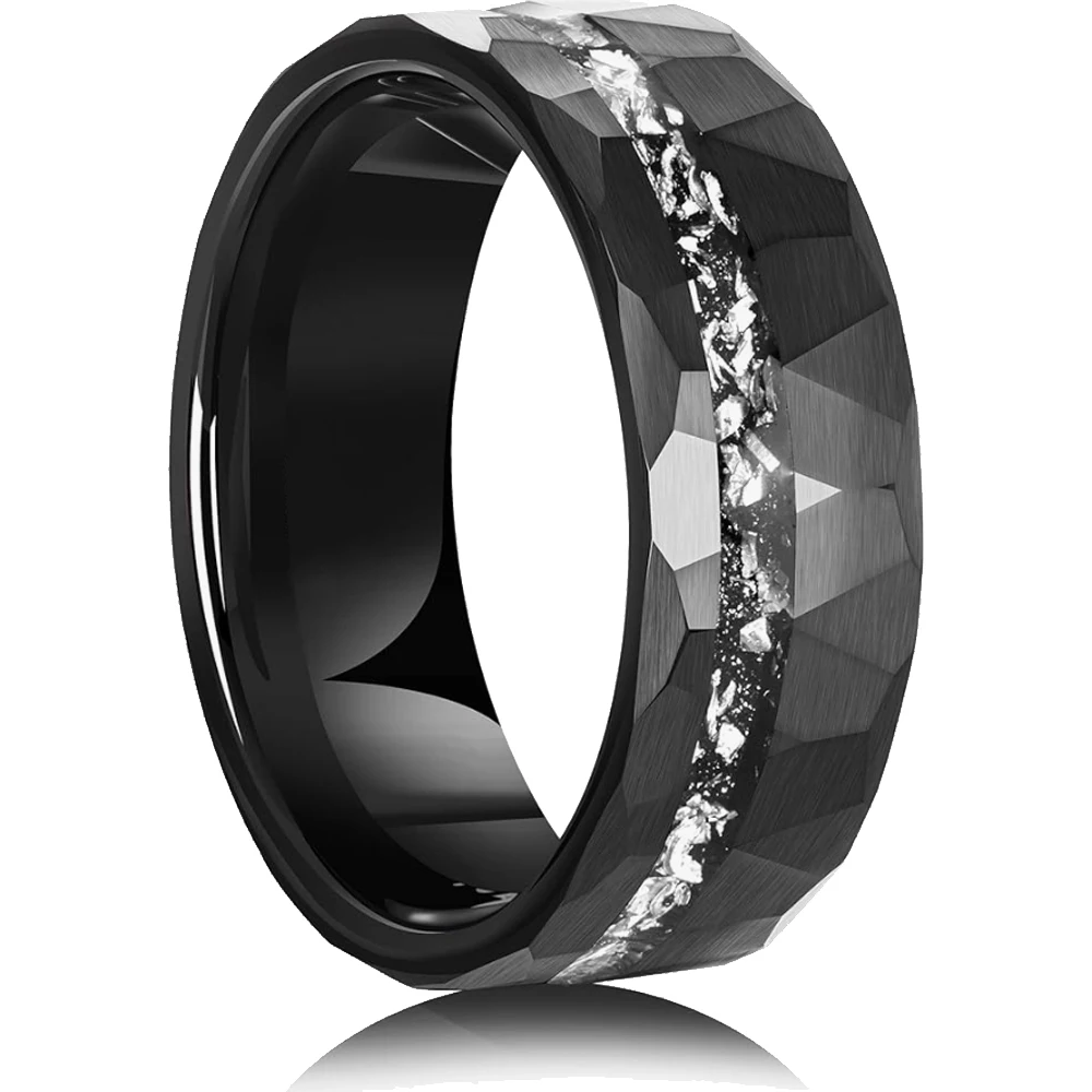 1pc Men's Black 8mm Faceted Brushed Hammered Black Tungsten Carbide Ring With Meteorite Shavings Inlay Engagement Wedding Band