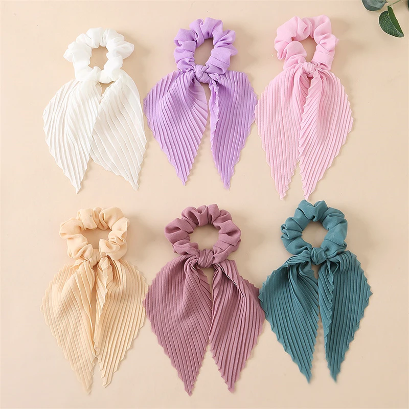 6Pcs/set Pleated Ribbon Scrunchie – Long Satin Tassel Ponytail Holder for Summer Vacation. view 2