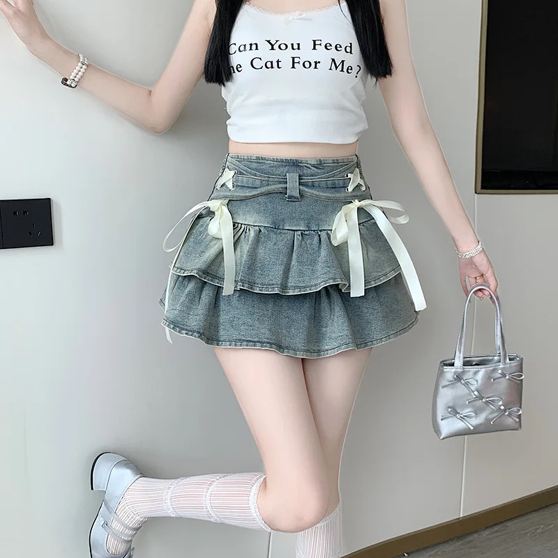 Women's high waisted slim fit sweet mini pleated skirt American retro chic fashionable elastic denim cake short skirt
