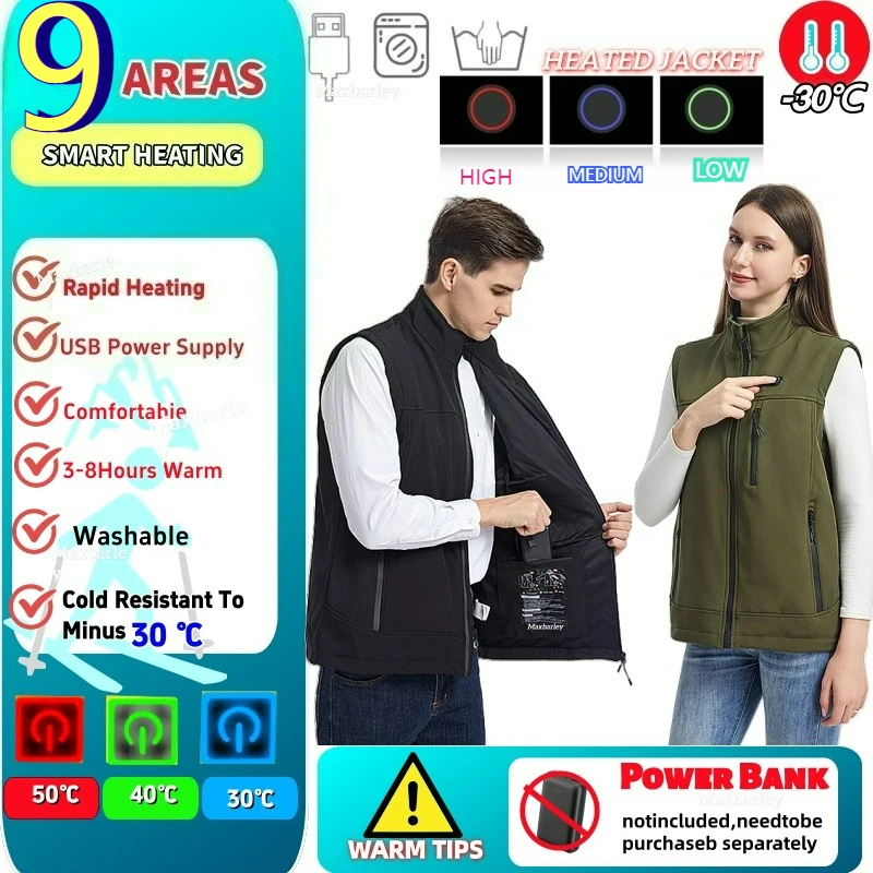 Gilet chauffant chaud d'hiver pour hommes et femmes, vêtements d'extérieur auto-chauffants pour moto, USB, chauffage électrique intelligent, Ski, pêche, veste de travail sans manches