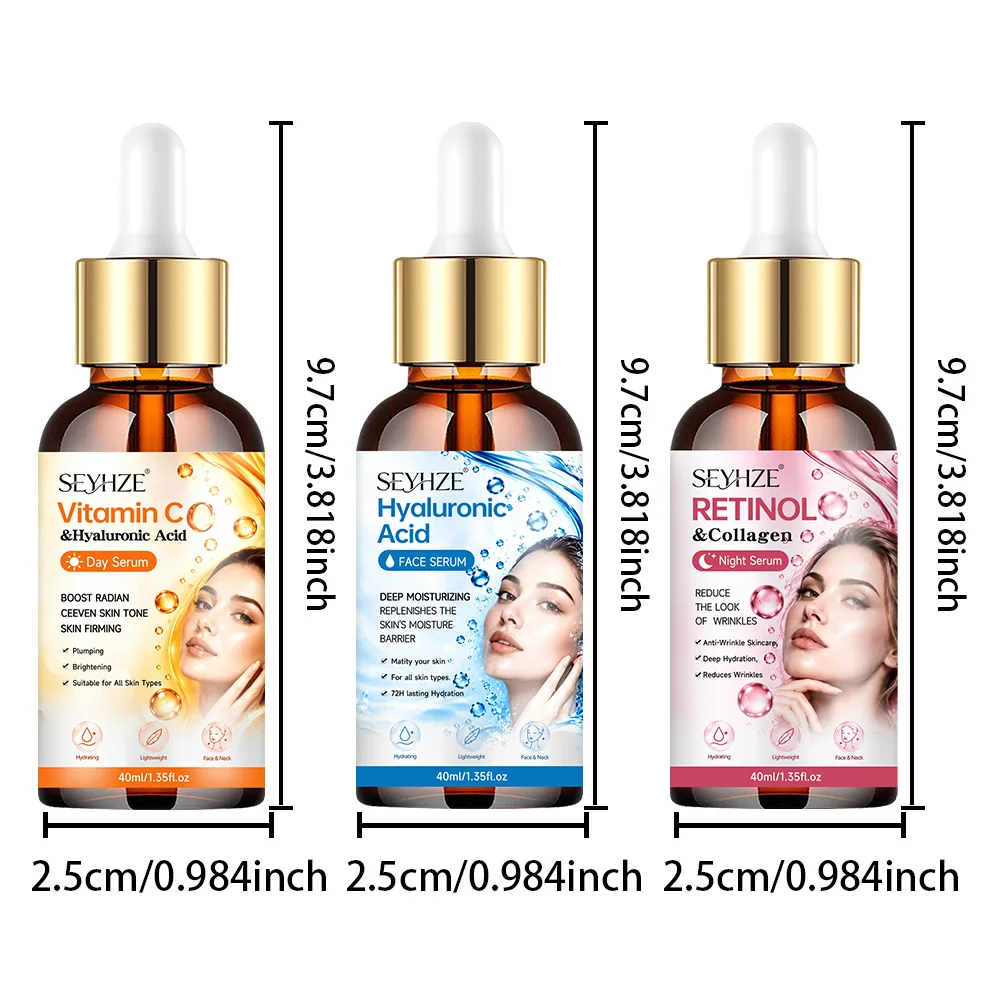 SEYHZE 3pcs Vitamin C + Hyaluronic Acid + Retinol Serum Set, Skincare - 40ml, with Collagen, Ceramides, Aloe Vera + Centella Asi