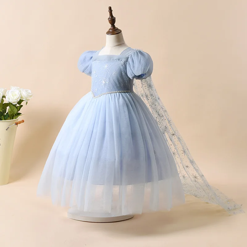 New sweet children's pleated blue snowflake girls short-sleeved fairy tale princess dress