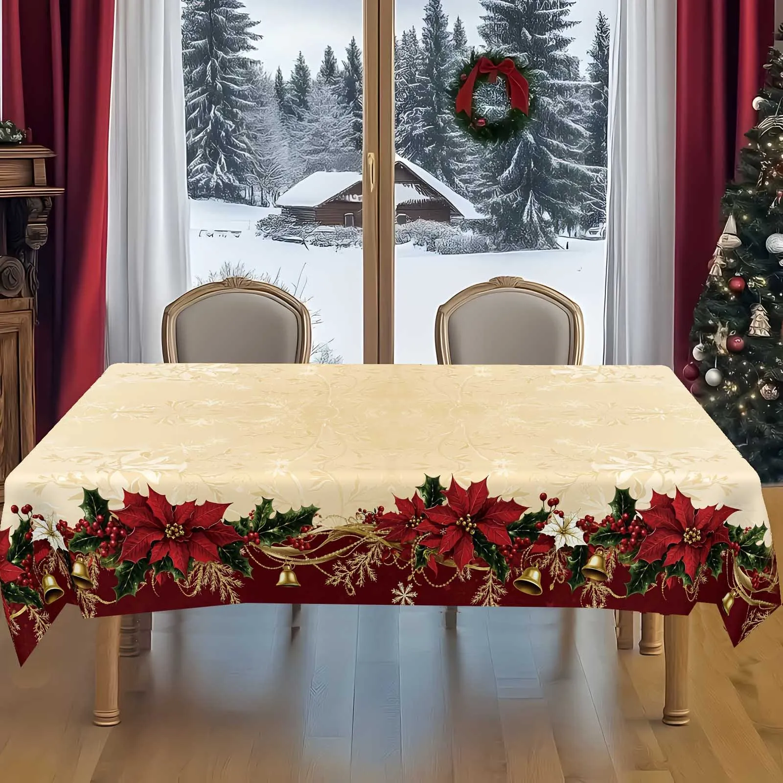 One Christmas bell red flower gold-edge printed tablecloth, with a central golden vine pattern and red winter theme.zyc