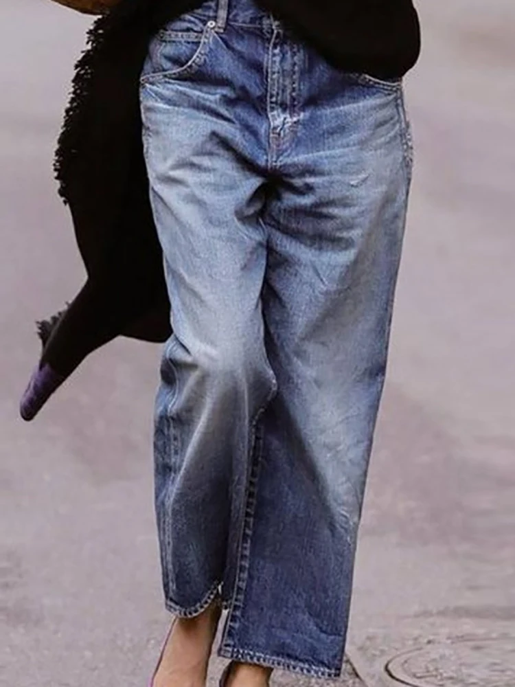 Pantalones vaqueros holgados con cremallera y bolsillo para mujer, ropa de estar por casa, color azul, ropa de calle recta para vacaciones, envío