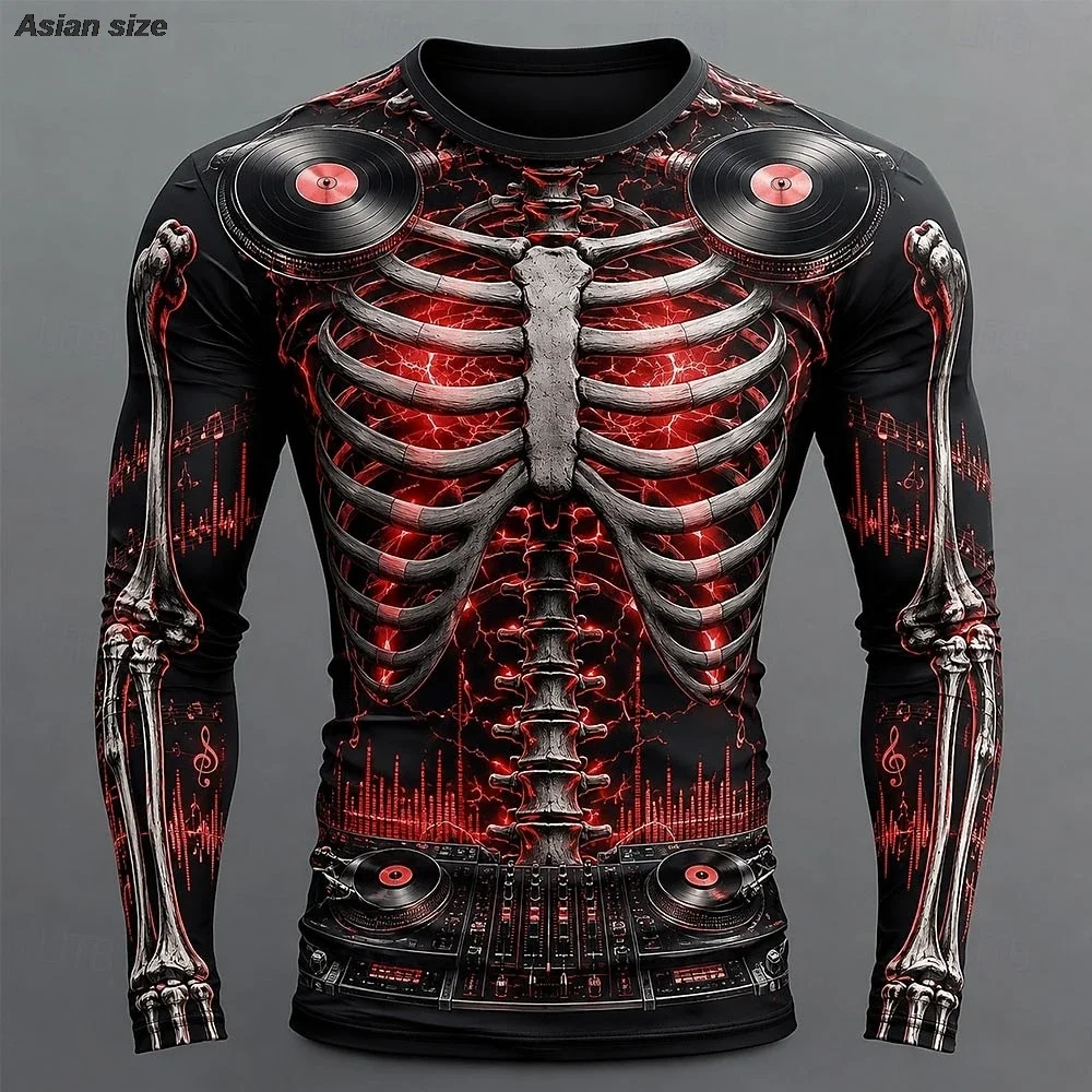 Halloween Men's Skull Skeleton Headset T Shirt Long Sleeve 3D Print Crew Neck Fashion