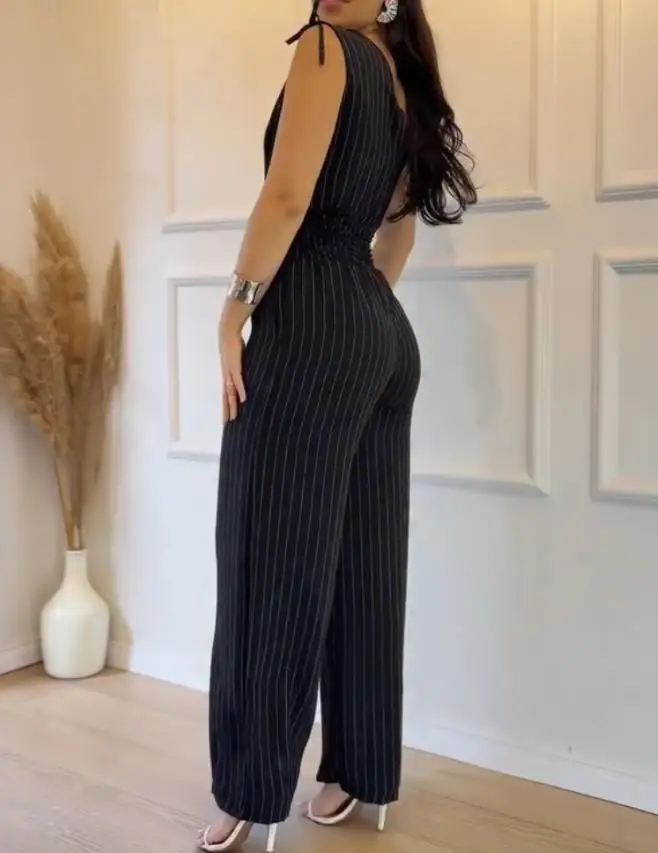 Jumpsuit Women 2025 Summer New Striped V-Neck Sleeveless Casual Tied Detail Shirred High Waist Wide Leg Long Jumpsuit
