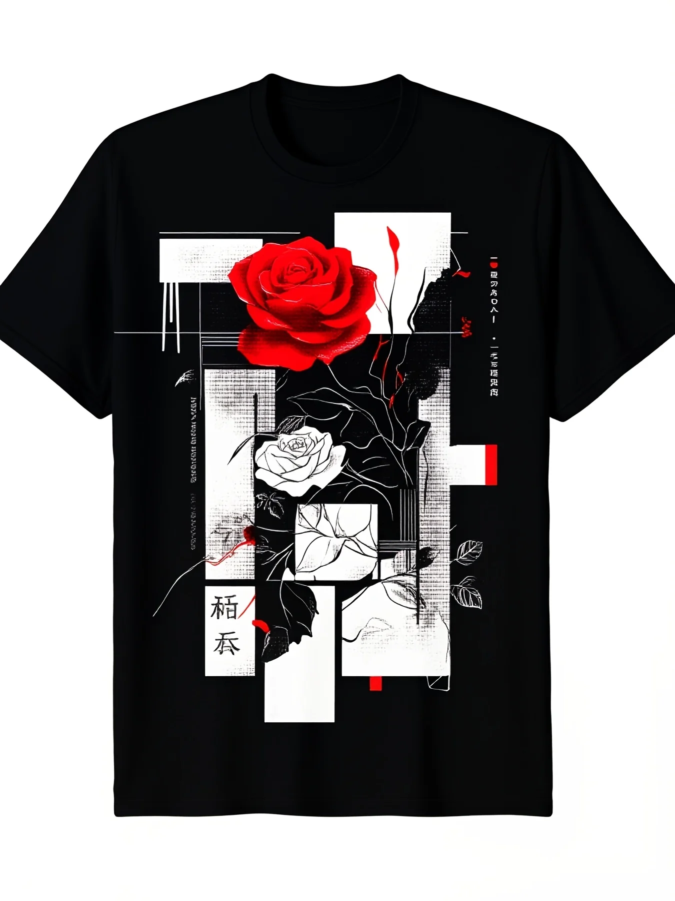 Men's Abstract Geometric Rose Art T Shirt Black with Red Floral Print Loose Fit Casual Round Neck Tee Machine WashableComfortable Tee Graphic Print Shirt AllSeason Tee for Everyday Outdoor Activipure Cotton Breathable Sweat-wicking and Soft Suitable
