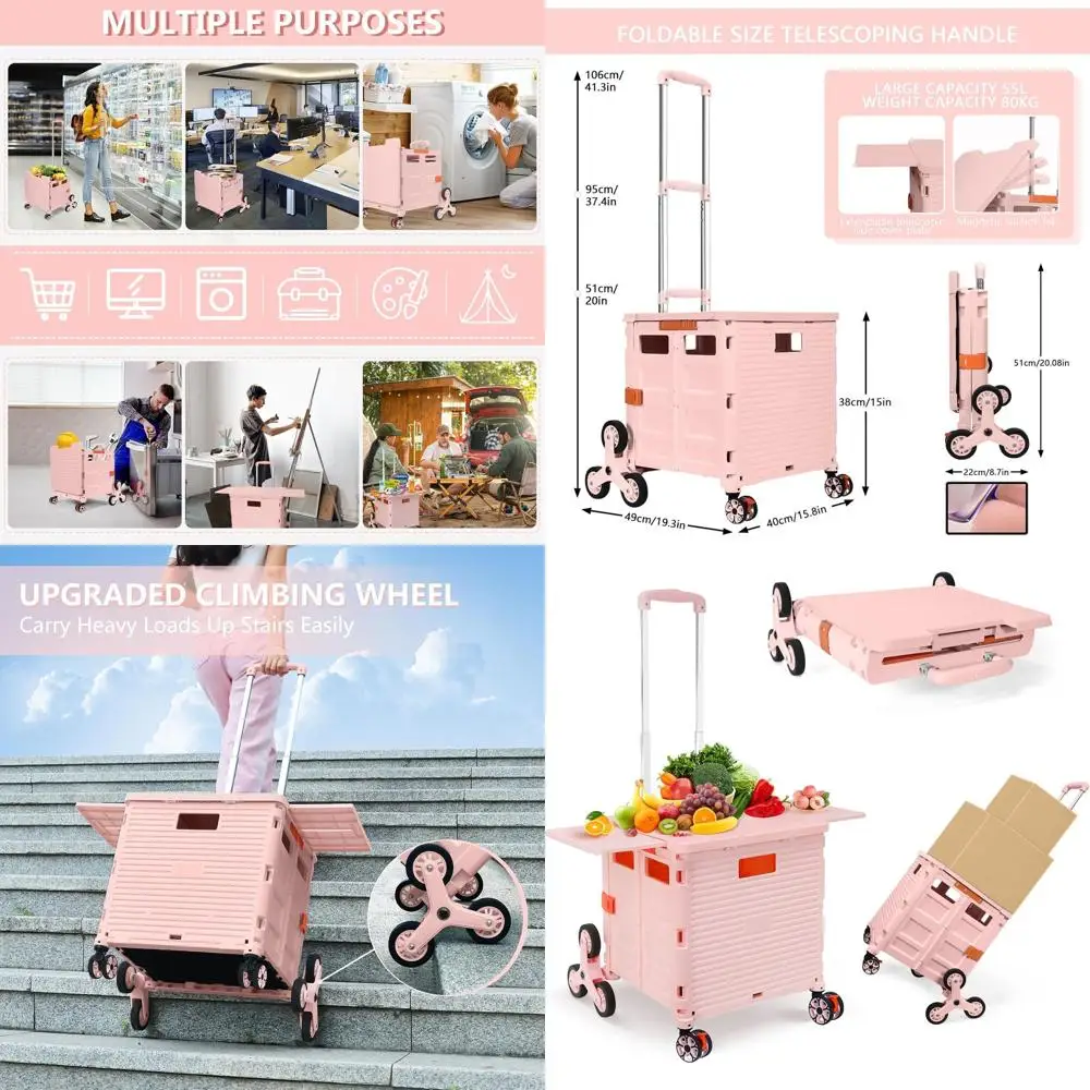 

Pink Foldable Utility Cart with Stair-Climbing Wheels, Collapsible Rolling Crate, Magnetic Lid, Telescopic Handle, 360° Swivel W