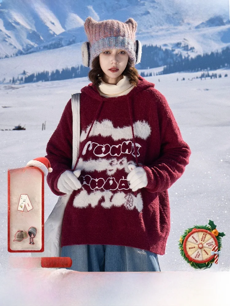 

Maood Hooded Knitted Sweater Thiened Polyester Fiber Street Sle Loose Fit Long Sve Garden Fur Imitation Em...