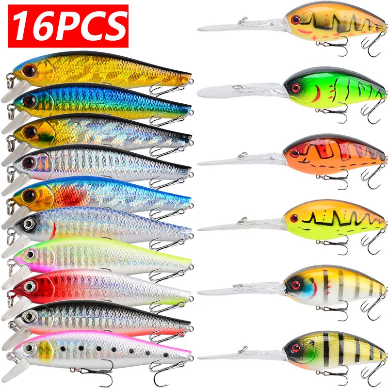 16pcs/lot Fishing Lure 9g Minnow 18g Crankbait Wbblers 3D Eyes with Treble Hooks for Saltwater & Freshwater Fishing