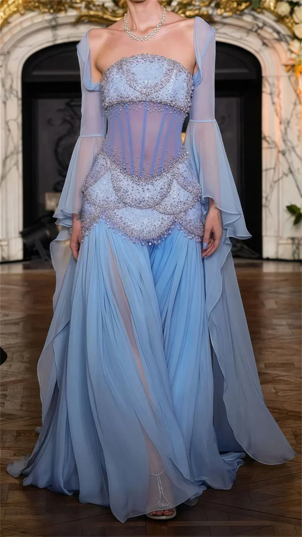 Contessa Custom Baby Blue Strapless Evening Dress Sheer Corset Prom Dresses Beaded Vestidos De Noche A‑Line Formal Evening 2026 image 5