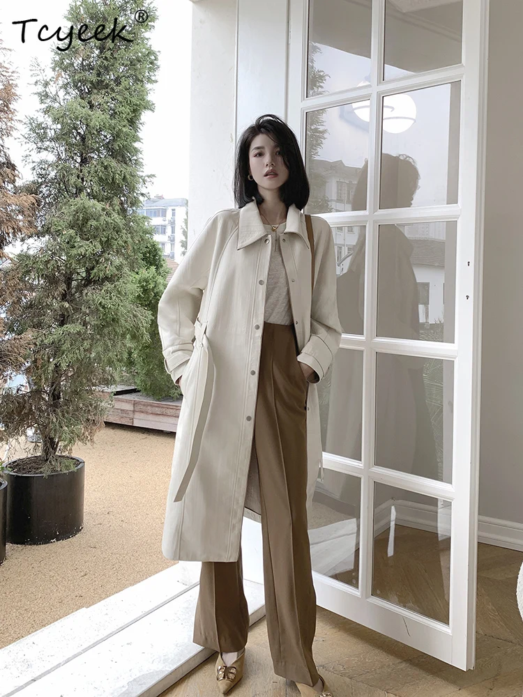 Tcyeek Echtes Schaffell Frühling Herbst Trendy Stehkragen Weiße Krawatte Lange frauen Echtes Leder Jacke Ж Ett Mohamedyddydd Mohamed