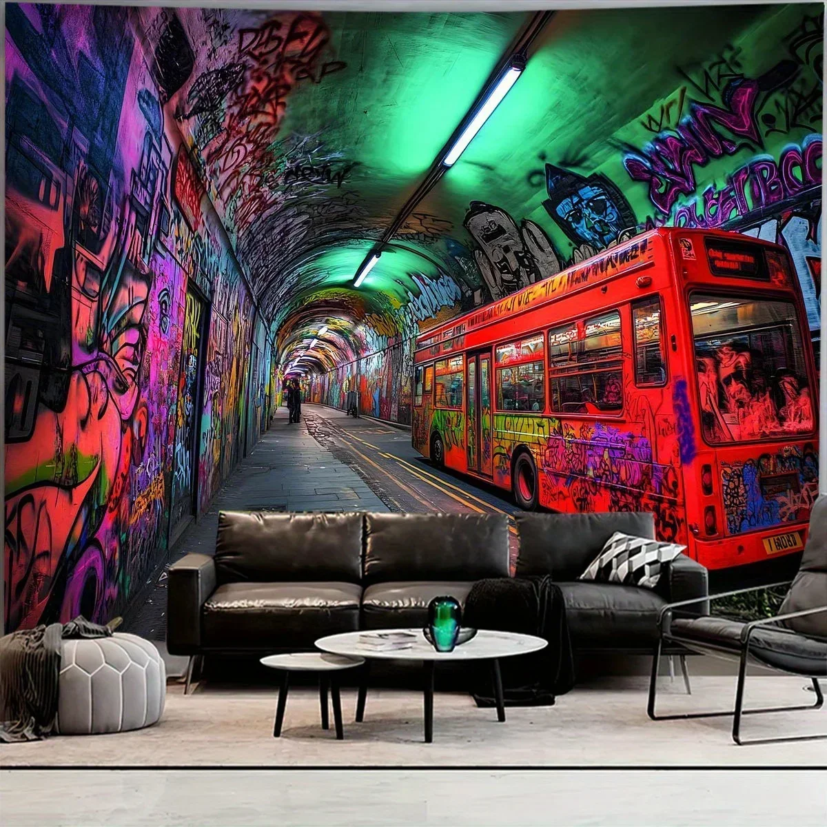 Graffiti Tunnel Red Bus Wall Tapestry Urban Art Street Culture Decor Boho Style Home Interior Living Room Bedroom