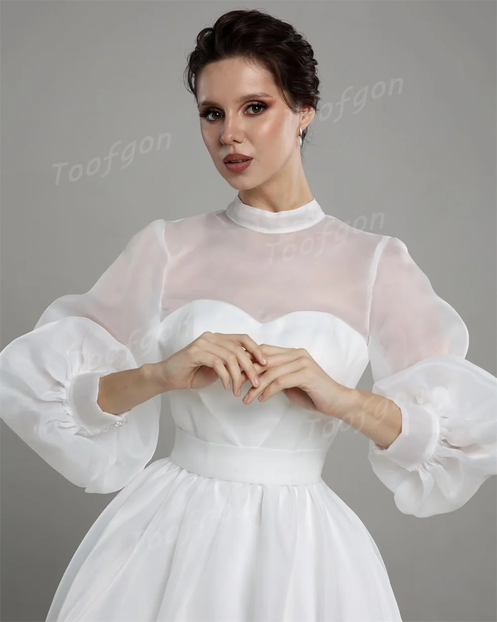 Toofgon สาย Organza ที่กําหนดเองชุดแต่งงานเจียมเนื้อเจียมตัวยาวพัฟแขนชุดแต่งงานเจ้าสาวการถ่ายภาพชุด