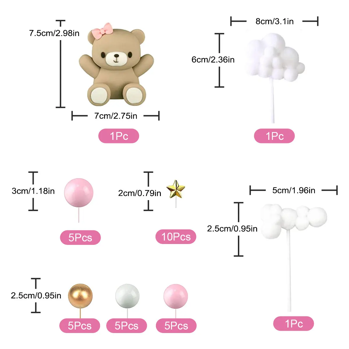 33PCS Pink Bear Cake Toppers Balls Cake Decorations with Stars Clouds Toppers for Boy Girl Baby Shower Birthday Party Decoration