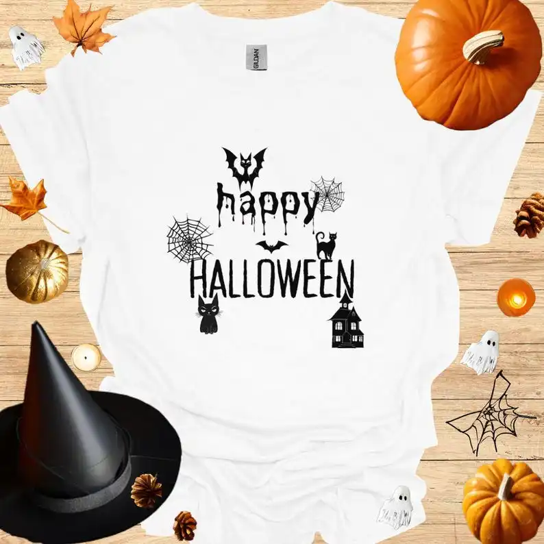 Vibrant Orange Happy Halloween T-Shirt | Unisex Spooky Orange Tee | Bold Halloween Graphic Shirt Trick or Treat! Cotton Shirts