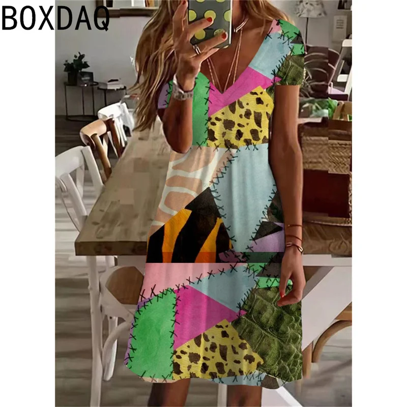 Vintage Patchwork Printed A-Line Dress 2025 New Summer Short Sleeve V-Neck Casual A-Line Dress Sexy Sundress Lady Vestidos