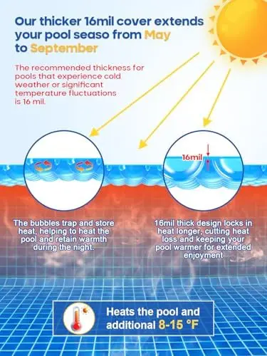 16 Mil Solar Cover for Inground Pools, 16 x 32 FT, UPF 50+ UV Protection | Pool Solar Blanket for Inground & Above
