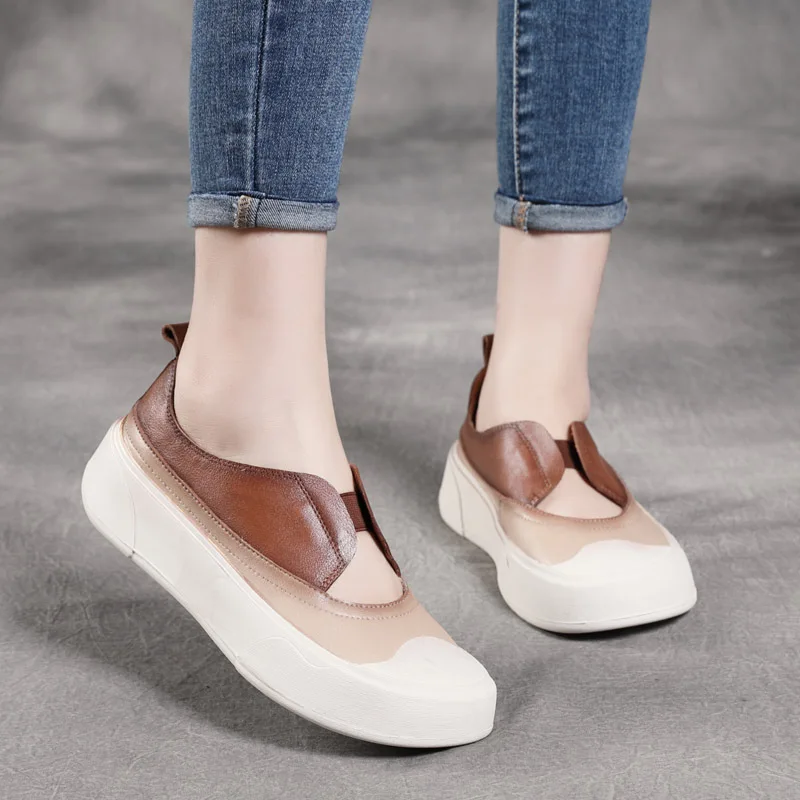 22 Summer Hot-Selling New Arrival Artistic Retro  Slip-on First Layer Cowhide Shallow Mouth Elastic Band Platform