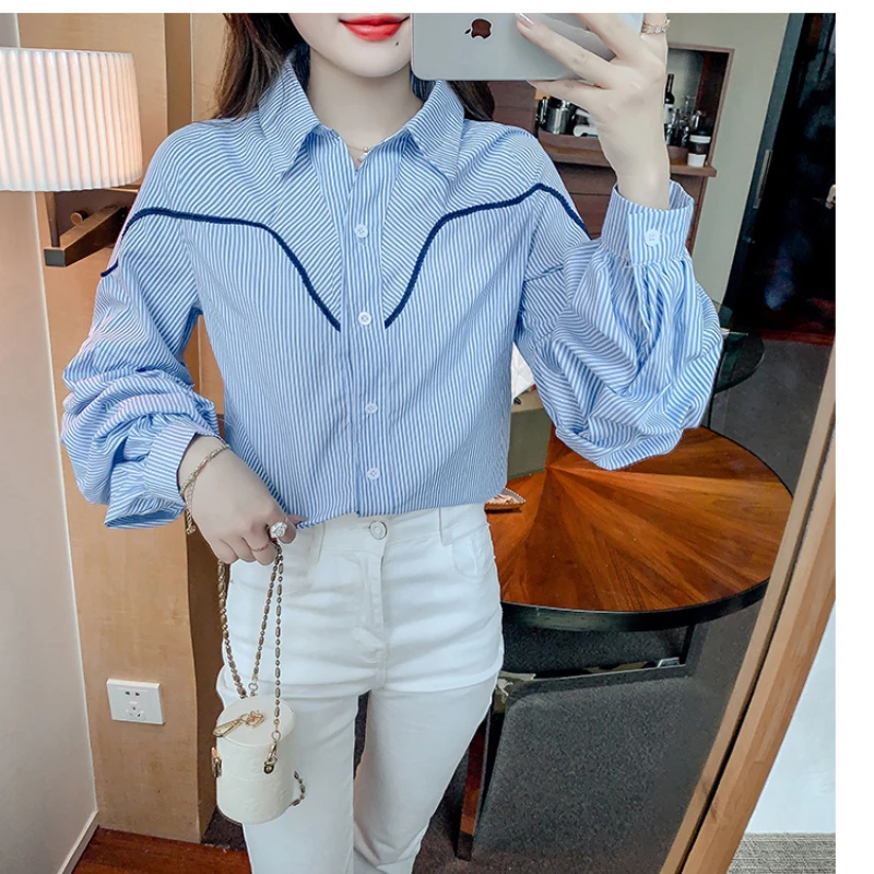 

Spring Autumn New Fashion Striped Shirts Women's Clothing POLO Cardigan Collar Bishop Sleeve Pleated Korean Simplicity Blouses