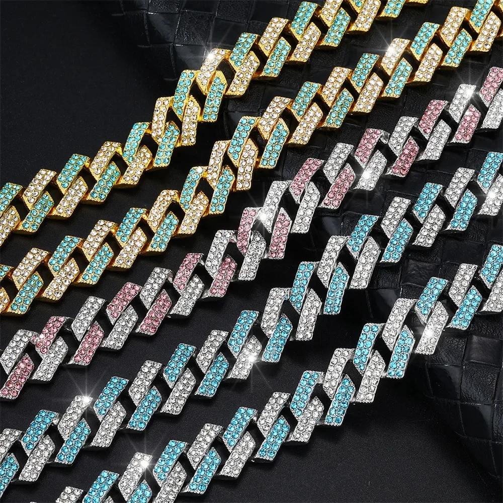 

15mm Multicolor Iced Out Crystal Prong Cuban Chain Necklace for Women Men Bling Paved Rhinestone Choker Necklace Hip Hop Jewelry