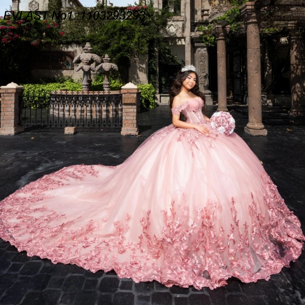 

Индивидуальное блестящее розовое бальное платье EVLAST для Quinceañera с 3D цветочными аппликациями, бисером и корсетом, для Sweet 16, Vestidos De 15 Anos AQ53