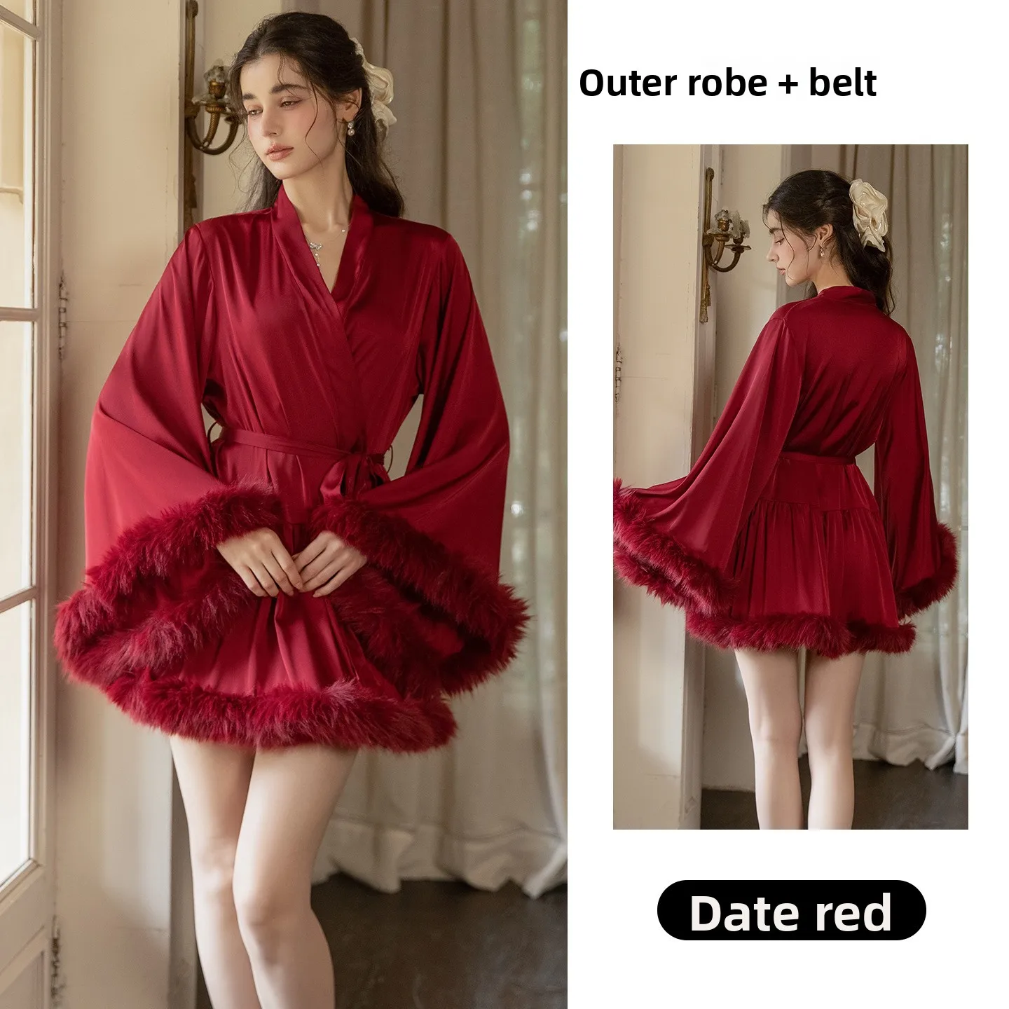 Advanced Wedding Bridesmaid Satin Trumpet Sleeves Plush Splicing Loose Comfortable Waist Strap Open Waiver Robe Sleeping Robe