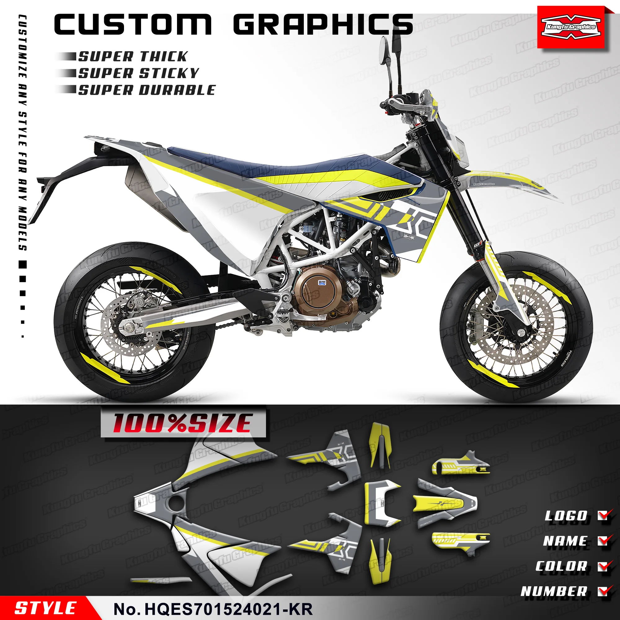 

KUNGFU GRAPHCS Custom Sticker Vinyl Wrap Kit for Husqvarna Enduro Supermoto 701 2015-2024, HQES701524021-KR