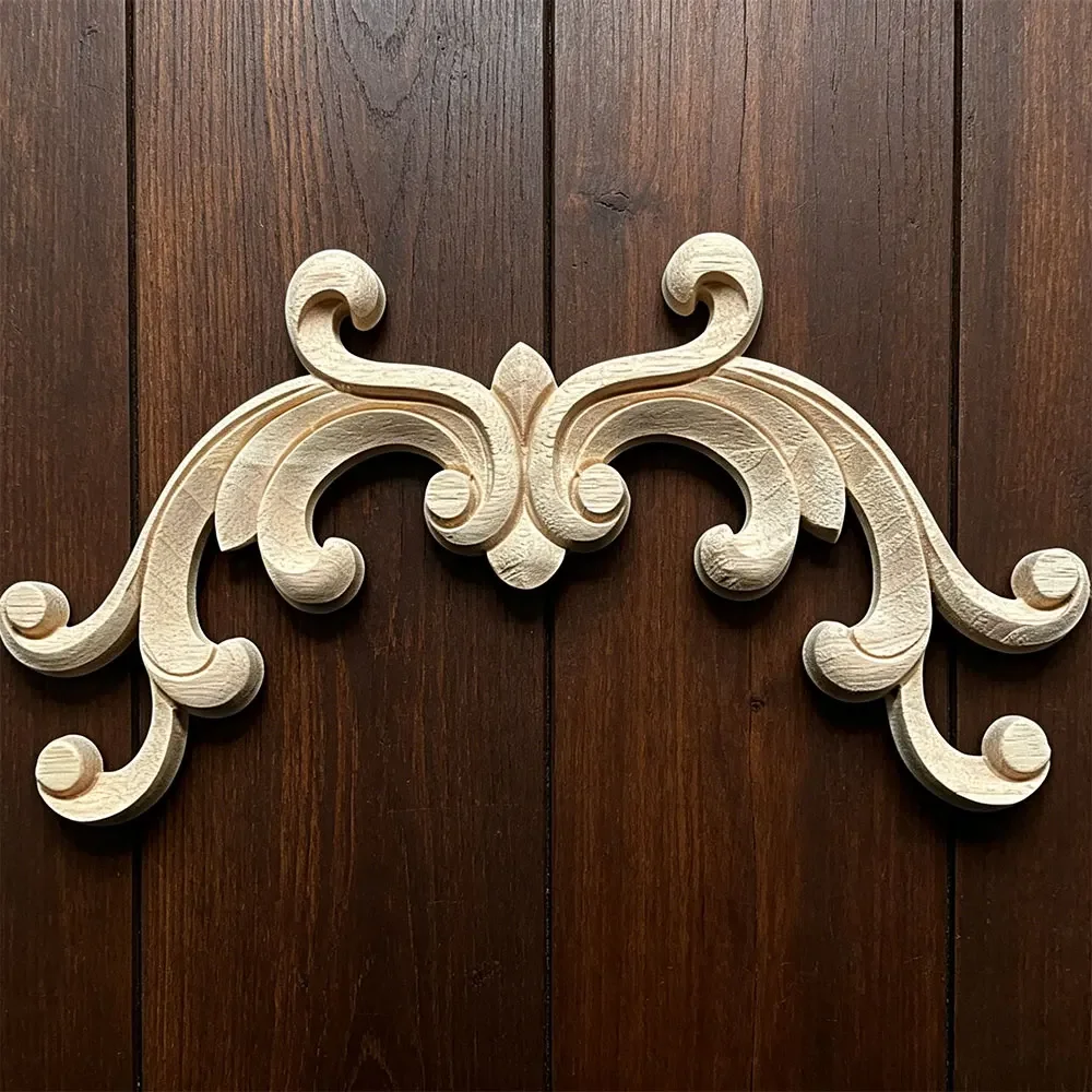 Onlay Wood Mouldings Wooden Applique Wooden Decal Carved Unpainted Modern Long Large Leaves Flower Rubber Wood Corner Furniture