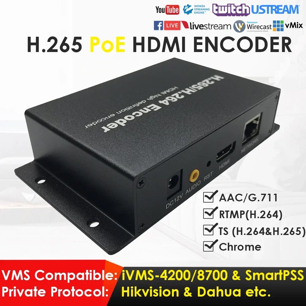 

PoE H.265 1080P HDMI Network Video Encoder Suitable for IPTV CCTV Surveillance Live Broadcast to YouTube Facebook W/TS RTMP DDNS