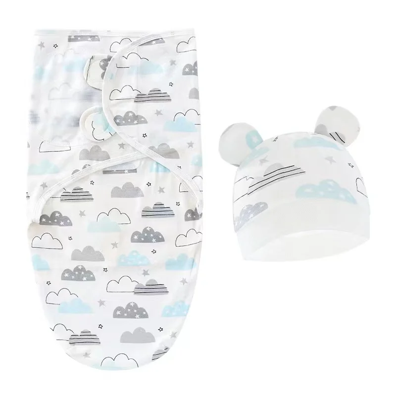 2PCS Cotton Newborn Sleepsack Baby Swaddle Blanket Wrap Hat Set Infant Adjustable New Born Sleeping Bag Muslin Blankets 0-6M