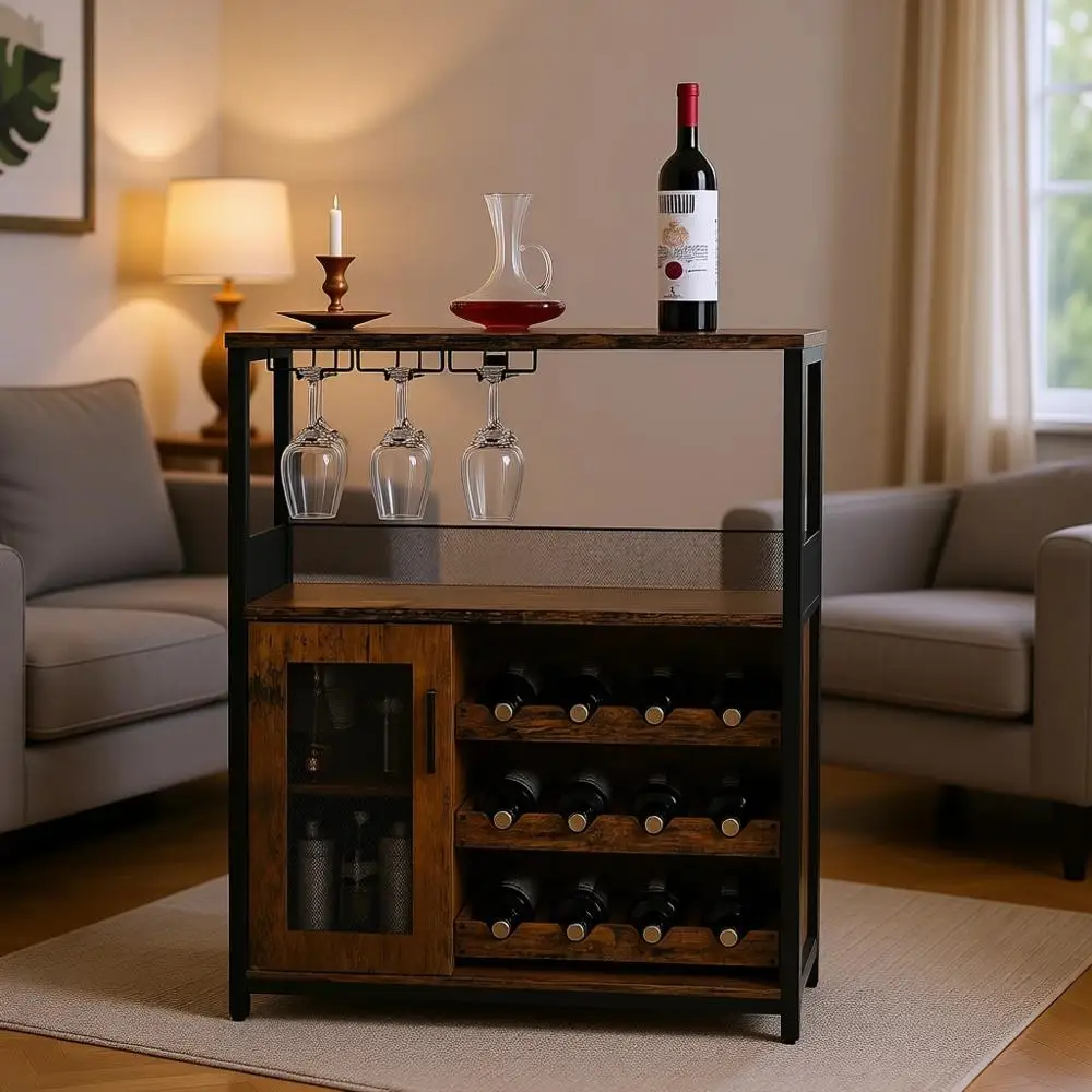 3-Tier Wine Rack with Detachable Shelves, Storage, and Glass Holder in Rustic Brown for Kitchen, Living Room, and Bar