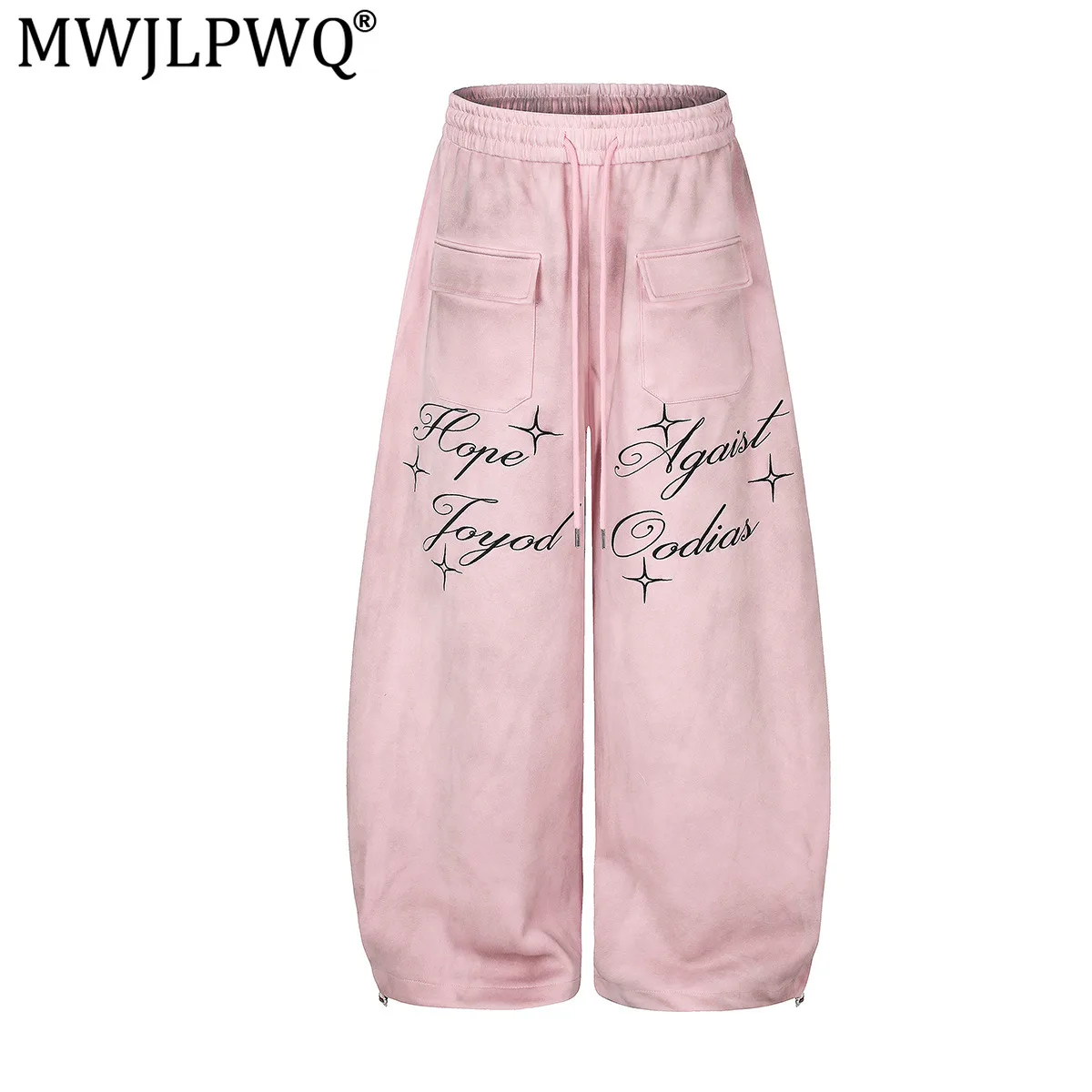 MWJLPWQ Retro Printed Loose Sweatpants Distressed Dyeing Design American-Style Drawstring Straight Wide-Leg Casual Pants 20520