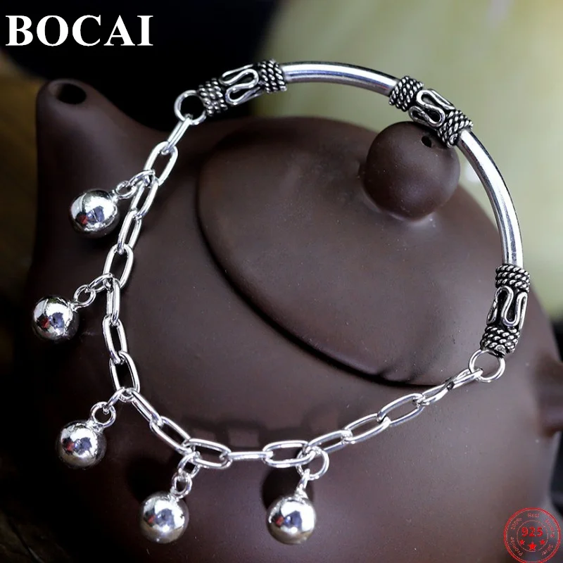 BOCAI S925 Sterling Silver Bracelet New Fashion Water-drop Beads O-chain Bangle Pure Argentum Hand Jewelry for Women