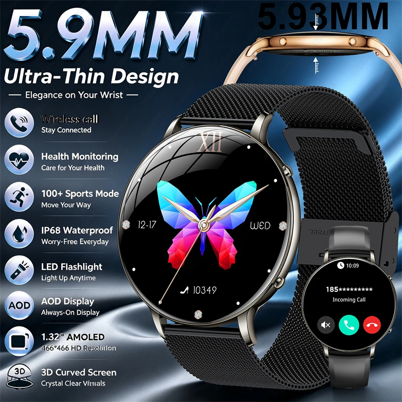 Ultra-Thin AMOLED Smart Watch Women Always On Display LED Flashlight Fashion Bracelet BT Calling Health Monitoring Smartwatch