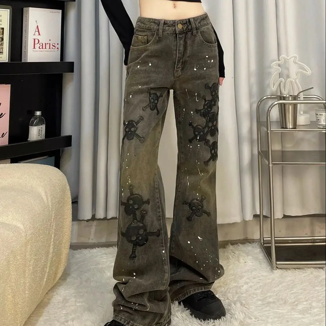 Skull Print Jeans Maillard Trendy Brand Original Splash Ink Embroidery Slimming Slim Straight Casual Pants Women