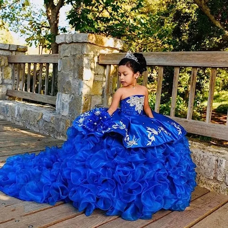 

EVLAST Customized Royal Blue Cute Flower Girl Dress For Weddings Applique Beaded Ruffles Pageant Gown First Communion Dress FD01