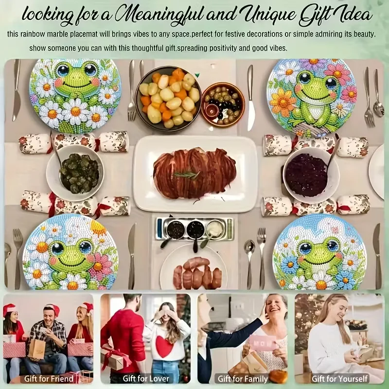 4-Piece Frog Patterned Wooden Diamond Dining Mat Set, DIY Crystal Diamond Art Insulated Table Mat, Mosaic Handmade Set, Without view 5