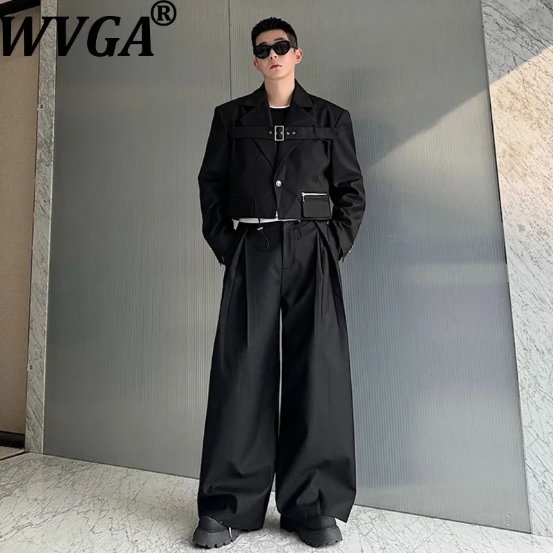 

WVGA, весенне-осенний новый мужской модный короткий пиджак на шнуровке, шикарный нишевый повседневный кожаный широкий брюки с завязками, комплект из двух предметов W13692