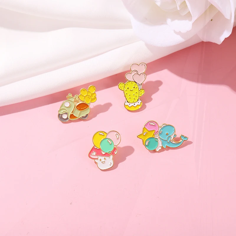 Mushroom Motorcyc Pins DIY Button Pins Denim Jacket Pins Badge Jewelry Gift Cartoon Enamel Pin Colorful Balloons Cactus Dolphin