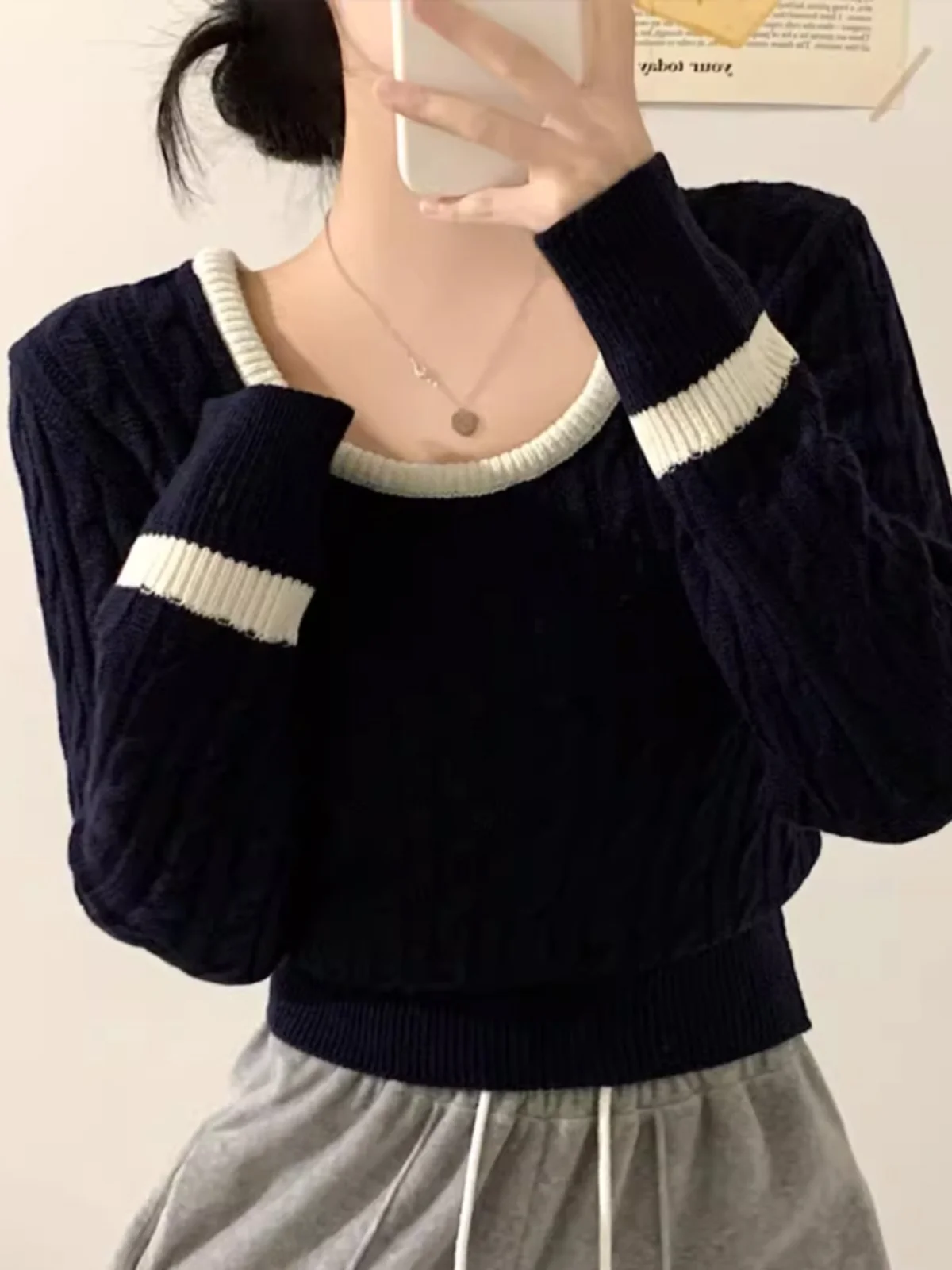 여성용 니트 스웨터 레트로 스퀘어 칼라 긴 소매 오버 헤드 탑 슬리밍 짧은 스타일 이너웨어 한국 스타일 통근